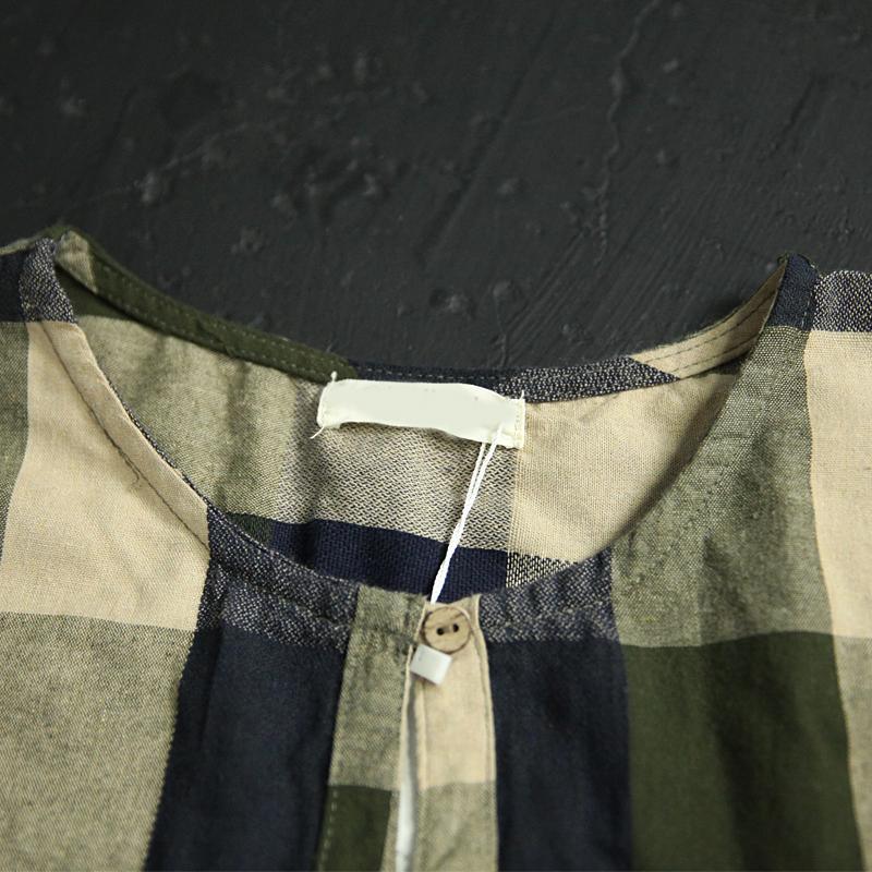 Fine Blue Gray Plaid Summer Dresses Loose Linen Sundresses Short Sleeve