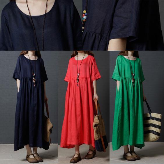 Fine Linen Green Women Summer Dresses Oversize Vintage Sundress O Neck Maxi Dress