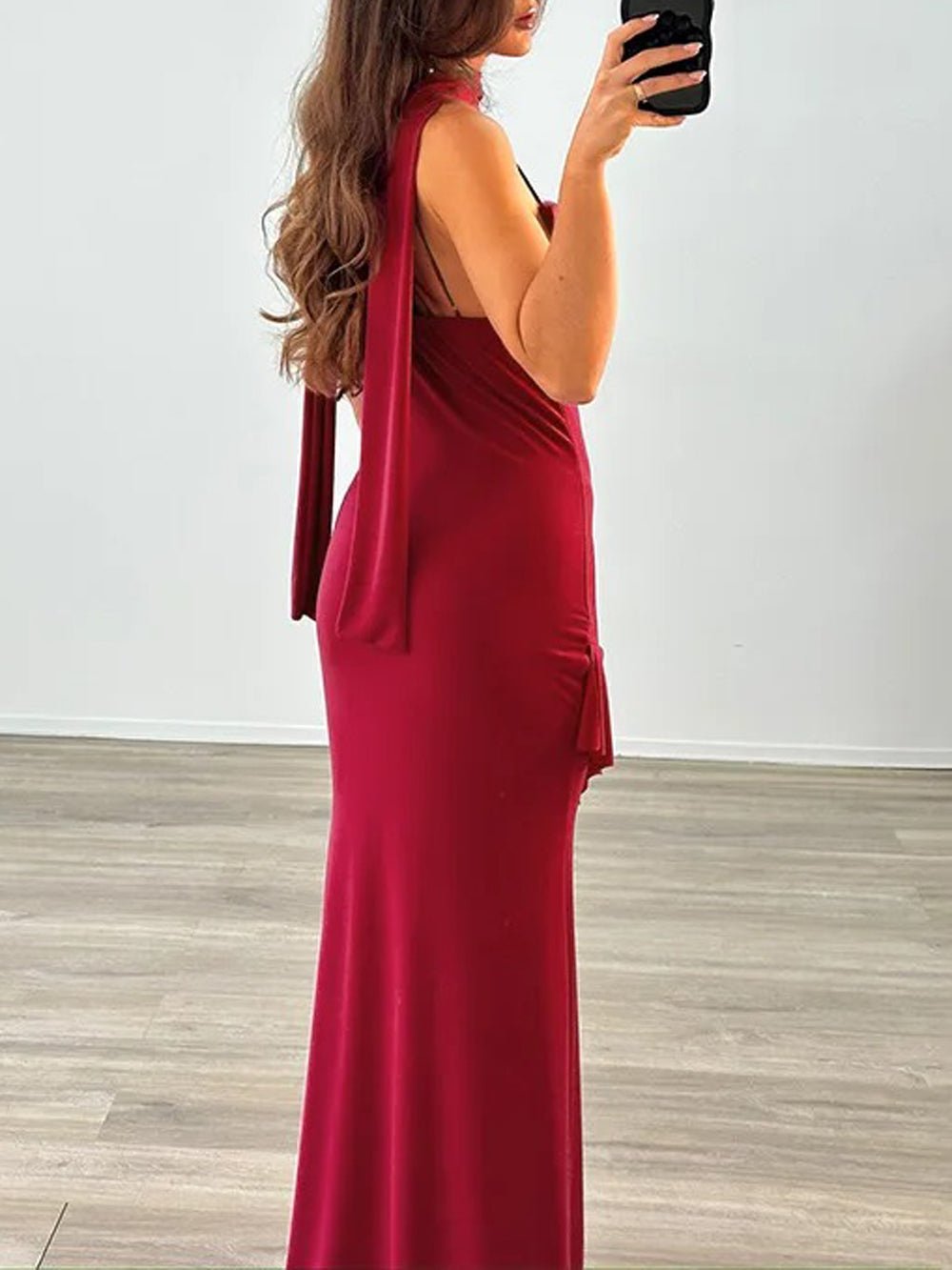 Cowl Neck Spaghetti Strap Side Ruffle Drape Bodycon Maxi Dress 8