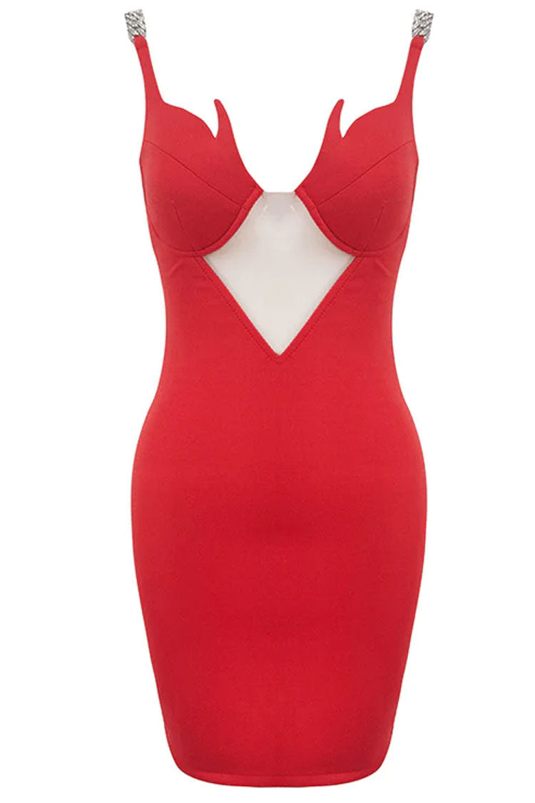 Red Chain Strap Flame Neckline Mesh Cutout Bodycon Mini Dress