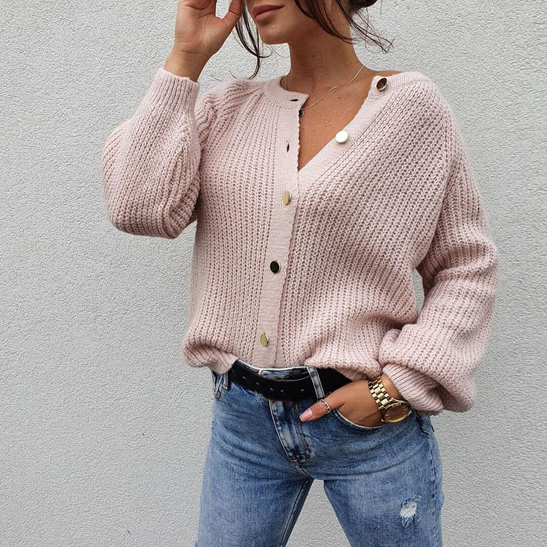 Dusty Pink Round Neck Gold Button Down Long Sleeve Ribbed Cardigan