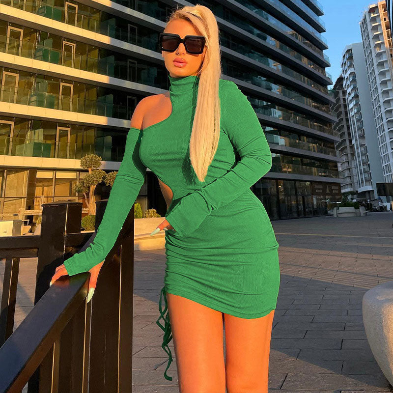 Green High Neck Long Sleeve Cutout Drawstring Ruched Bodycon Mini Dress