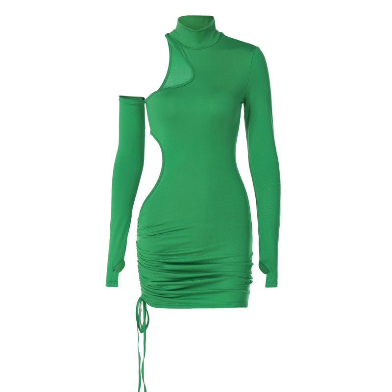 Green High Neck Long Sleeve Cutout Drawstring Ruched Bodycon Mini Dress