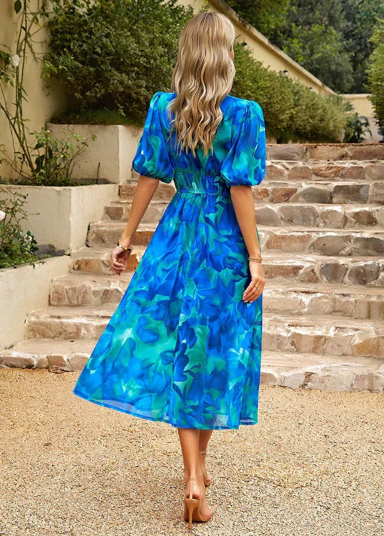 V-Neck Abstract Floral Puff Sleeve Empire Waist Flowy Midi Dress