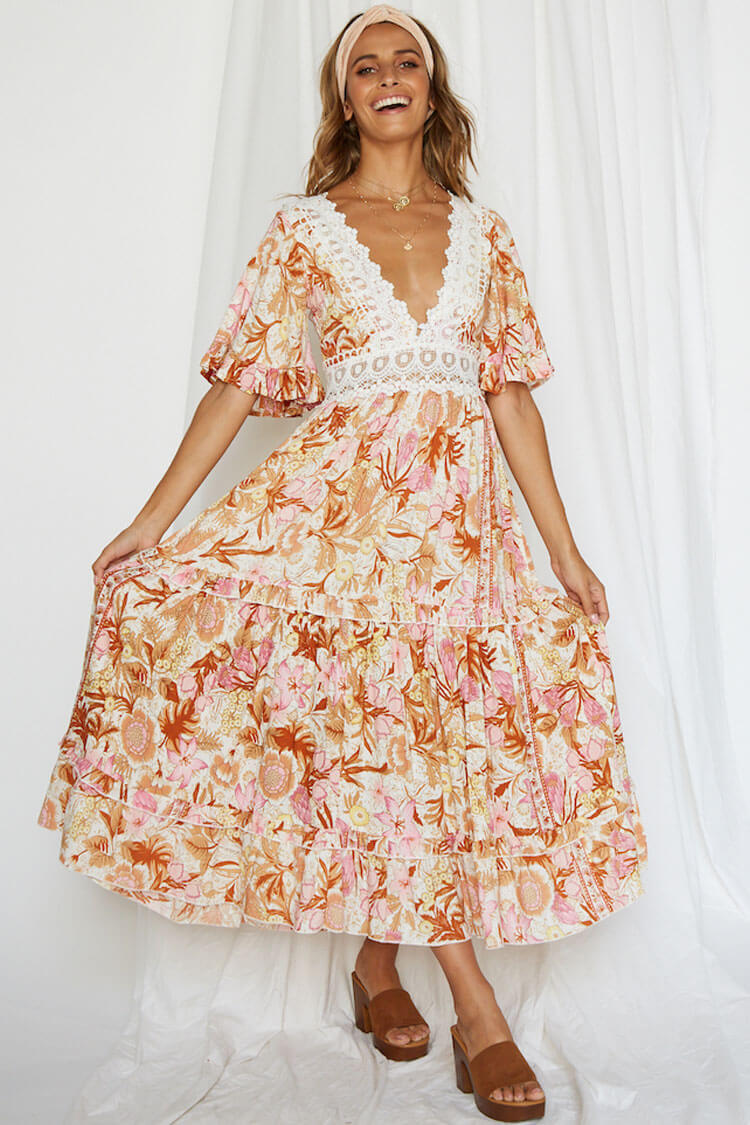 Floral Plunge V-Neck Lace Panel Flutter Sleeve Floral Tiered Maxi Dress