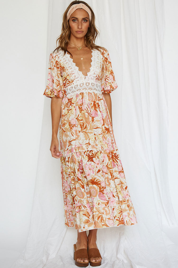 Floral Plunge V-Neck Lace Panel Flutter Sleeve Floral Tiered Maxi Dress