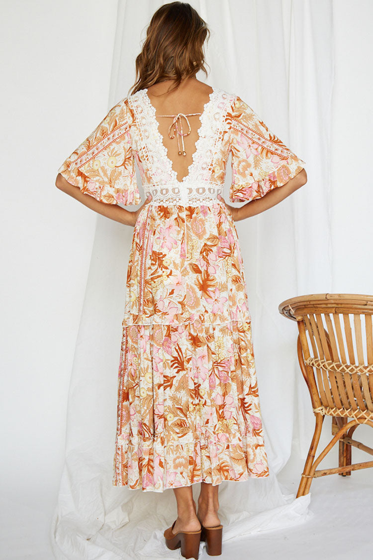 Floral Plunge V-Neck Lace Panel Flutter Sleeve Floral Tiered Maxi Dress