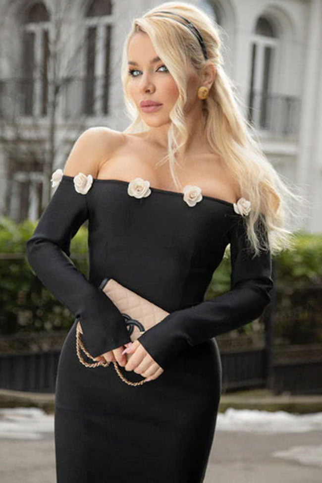 Black Off-Shoulder Floral Applique Long Sleeve Bodycon Midi Dress