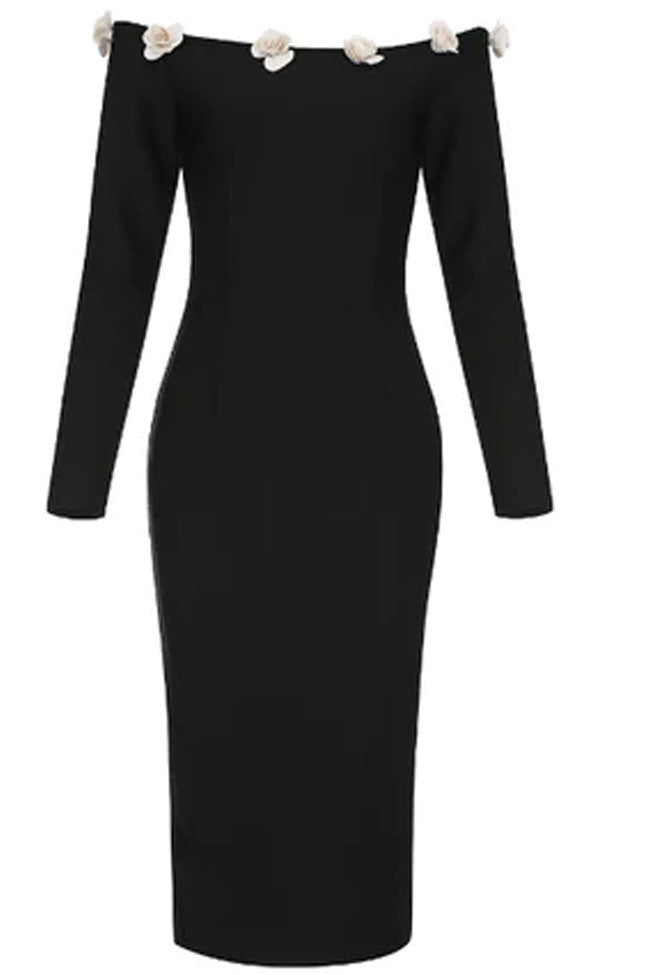 Black Off-Shoulder Floral Applique Long Sleeve Bodycon Midi Dress