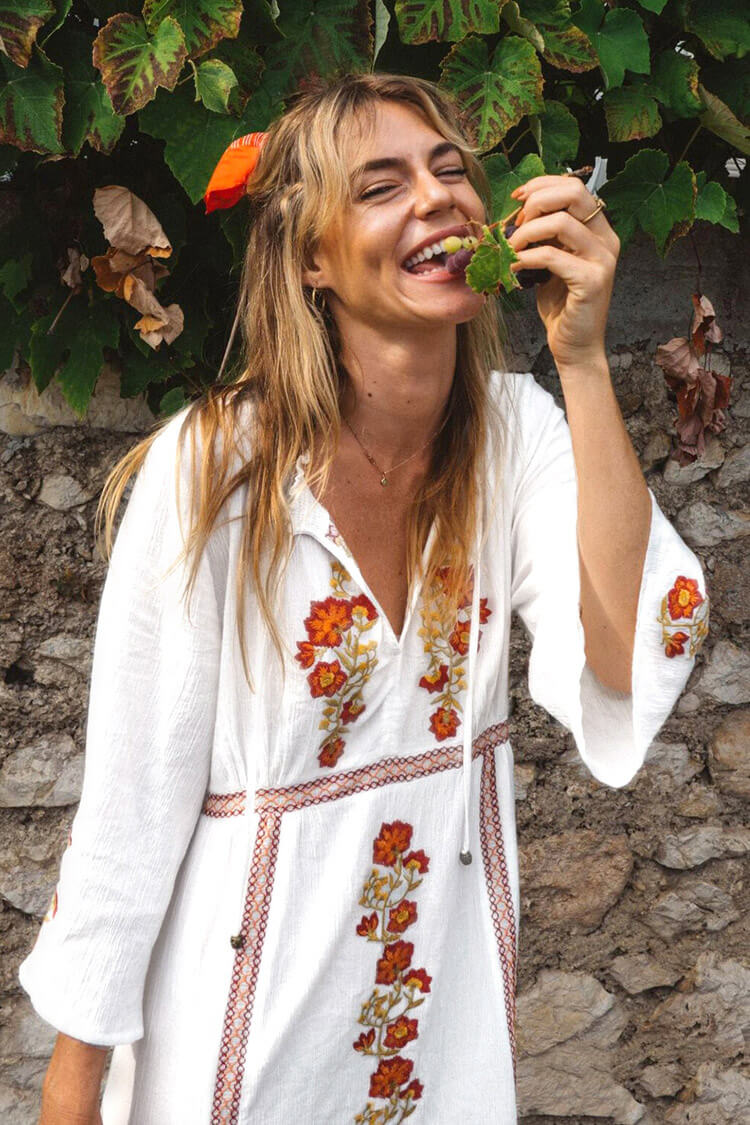 White V-Neck Bell Sleeve Floral Embroidered Boho Tiered Maxi Dress