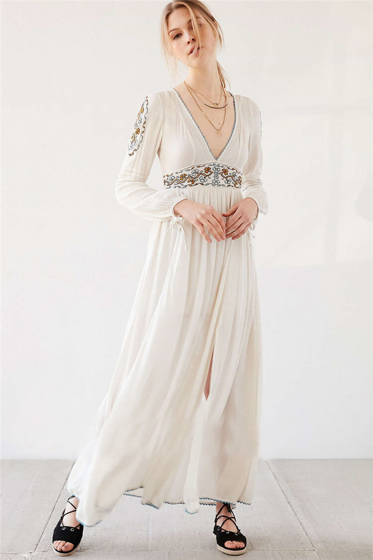 White Deep V-Neck Floral Embroidered Long Sleeve Boho Maxi Dress