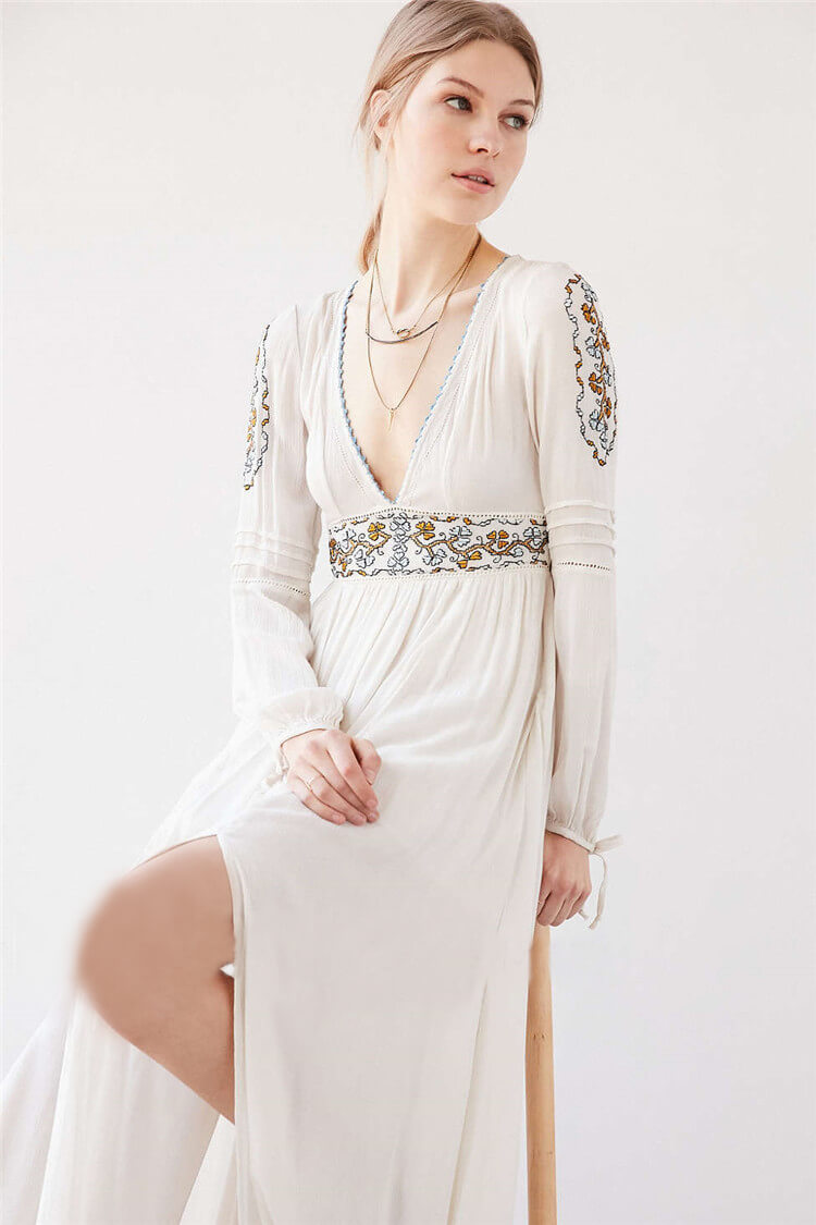 White Deep V-Neck Floral Embroidered Long Sleeve Boho Maxi Dress