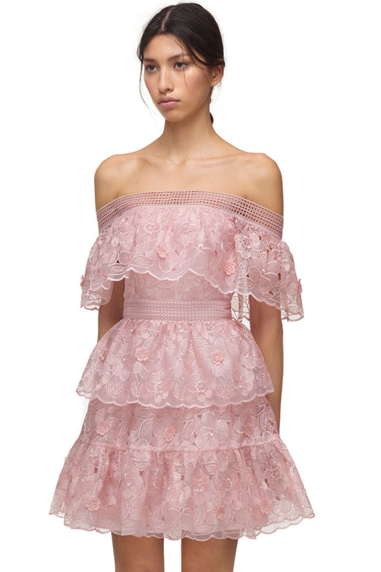Blush Pink Off-Shoulder Floral Lace Embroidered Tiered Ruffle A-Line Mini Dress