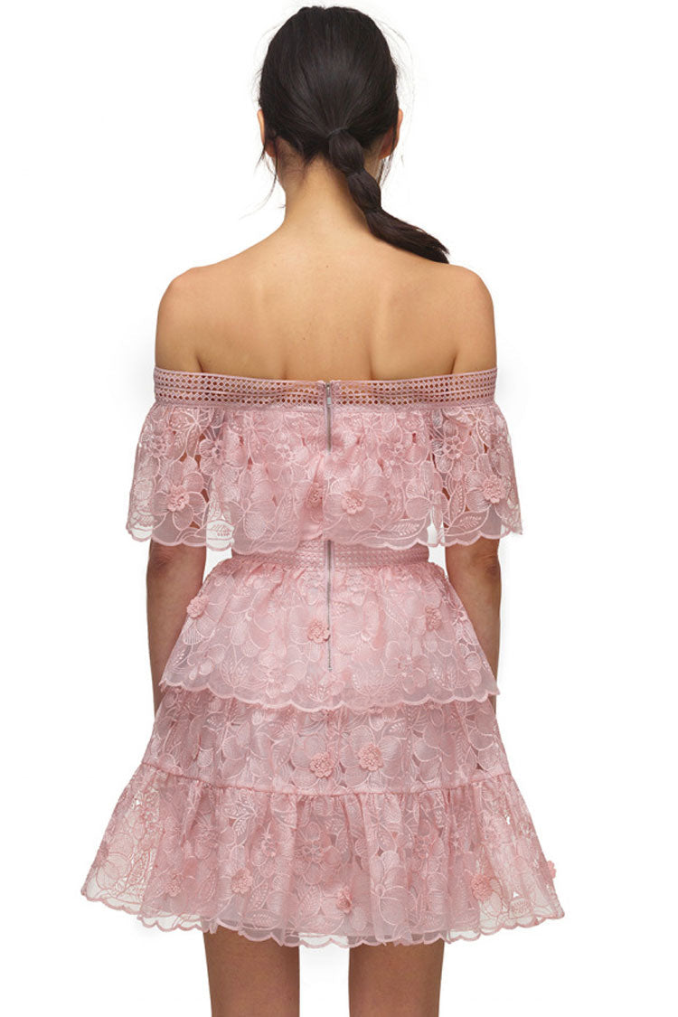 Blush Pink Off-Shoulder Floral Lace Embroidered Tiered Ruffle A-Line Mini Dress