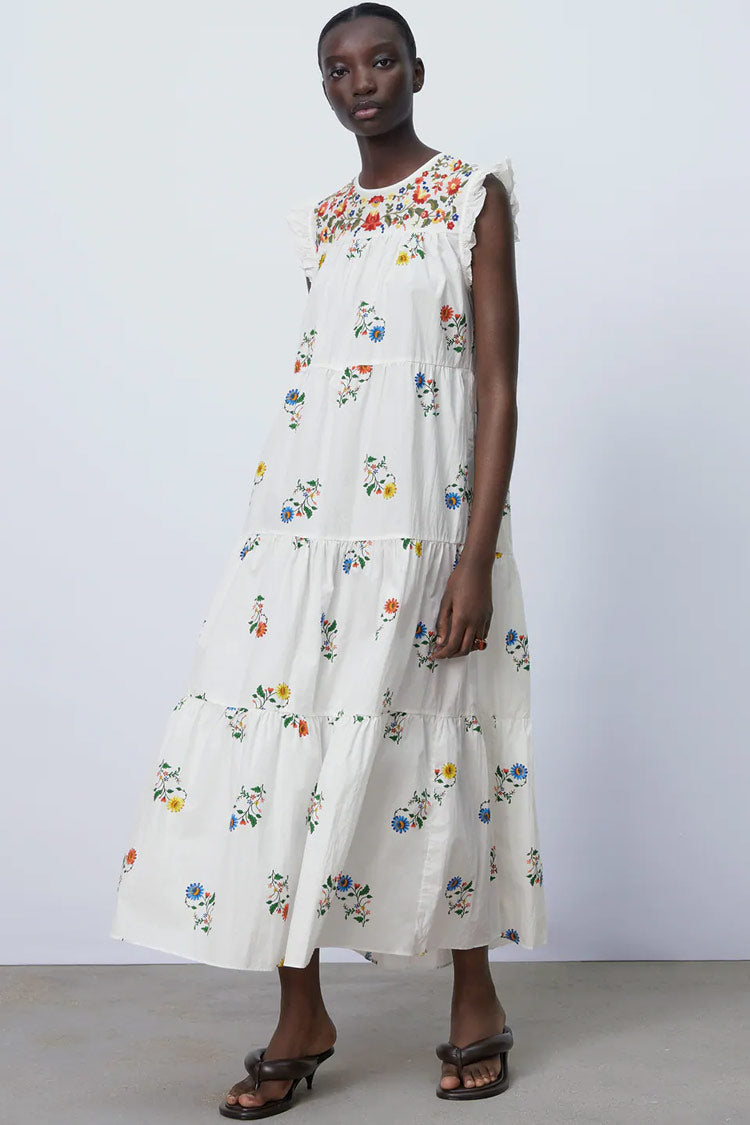 White Round Neck Floral Embroidered Ruffle Flutter Sleeve Tiered Maxi Dress