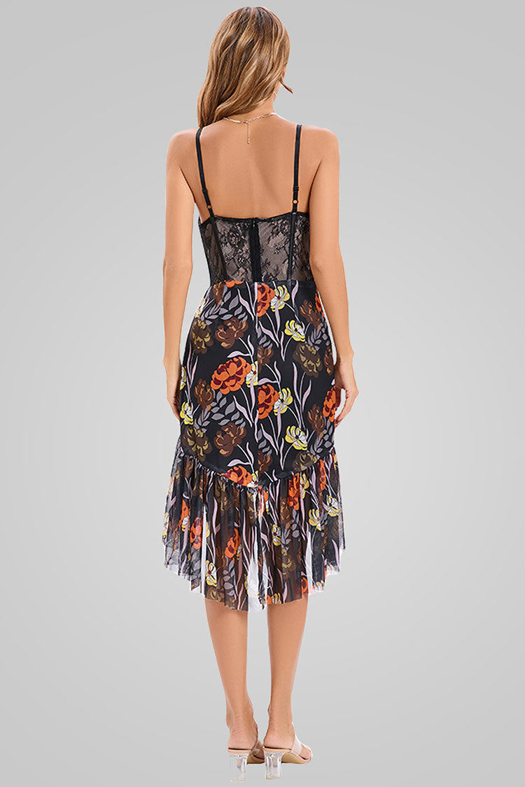Black Spaghetti Strap Lace Corset Floral Ruffle High Low Midi Dress