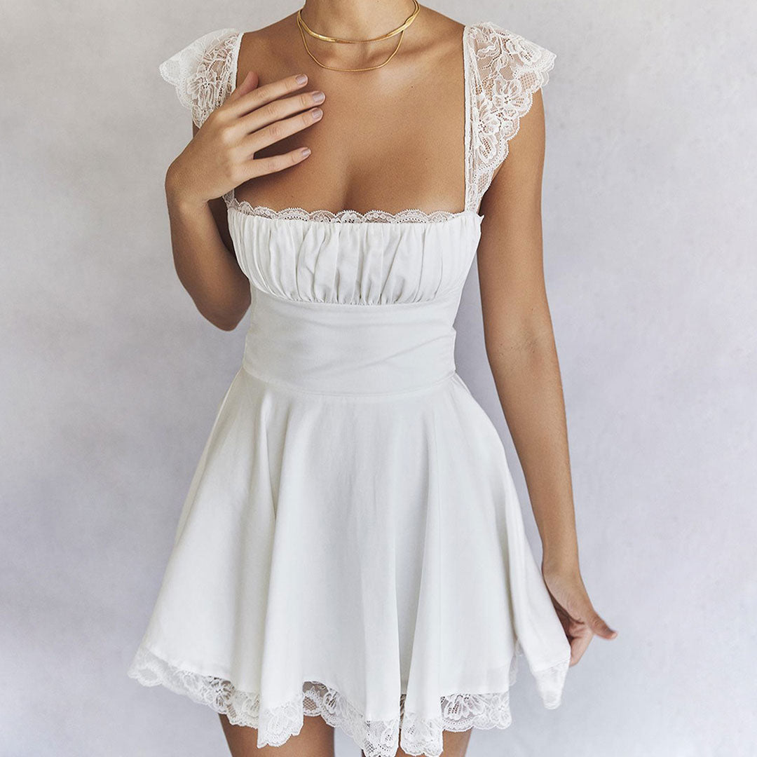 White Square Neck Lace Trim Cap Sleeve Ruched A-Line Mini Dress