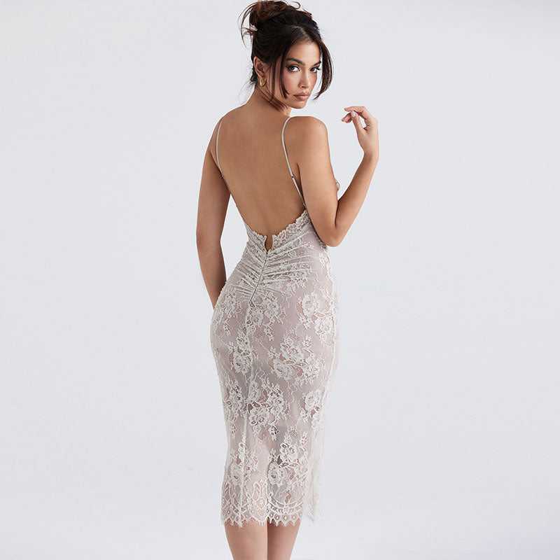 White Spaghetti Strap Floral Lace V-Neck Ruched Bodycon Midi Dress