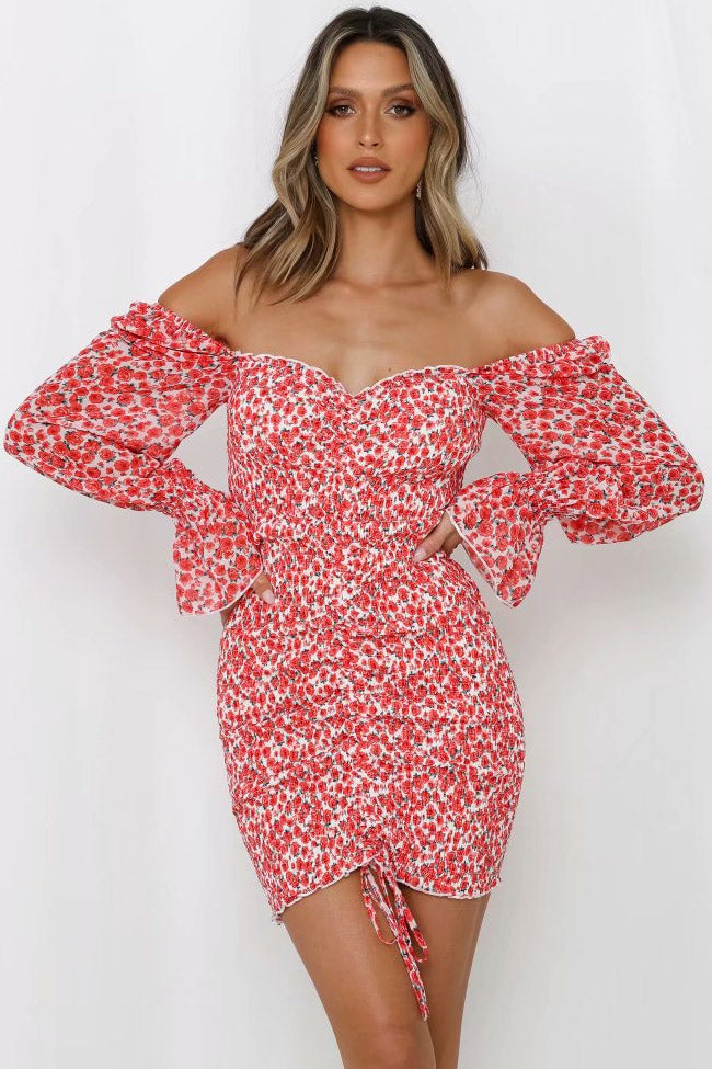Red Off-Shoulder Floral Puff Long Sleeve Ruched Bodycon Mini Dress