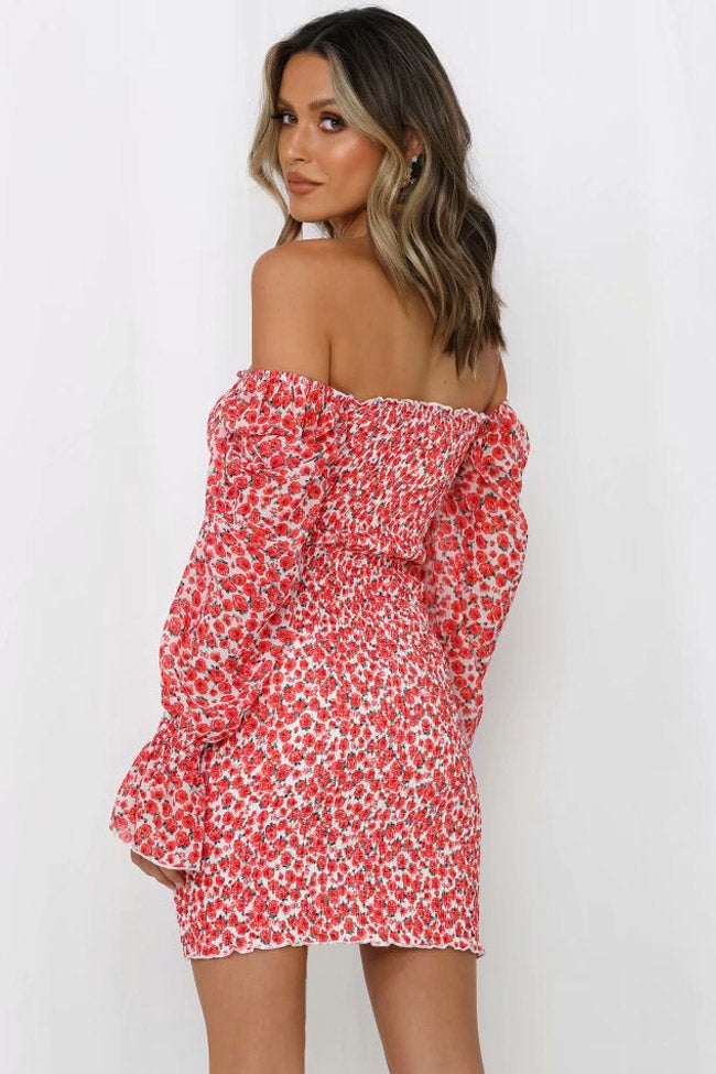 Red Off-Shoulder Floral Puff Long Sleeve Ruched Bodycon Mini Dress