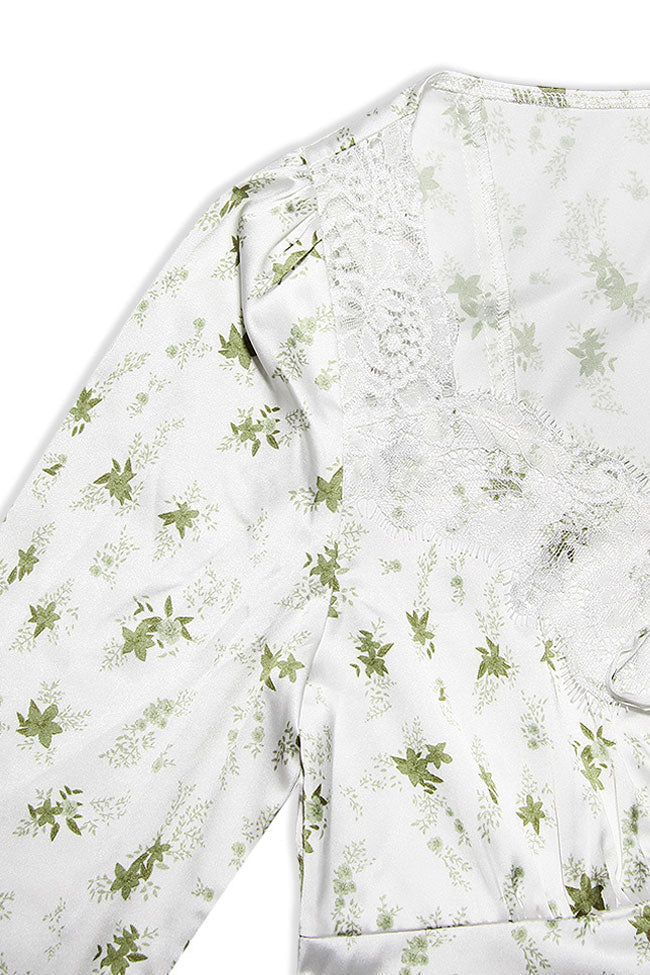 Green Floral Lace Trim Tie Front Long Sleeve Mini Skirt Set