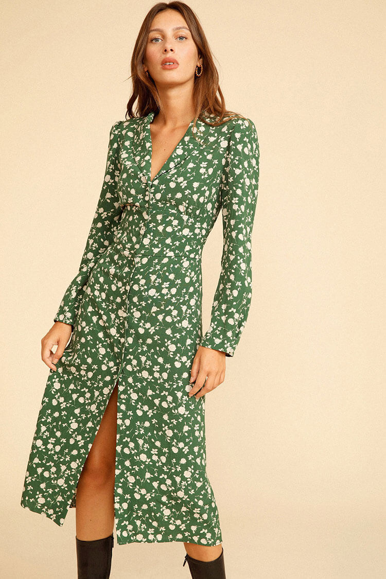 Green Collared Floral Print Long Sleeve Button Up Slit Shirt Midi Dress