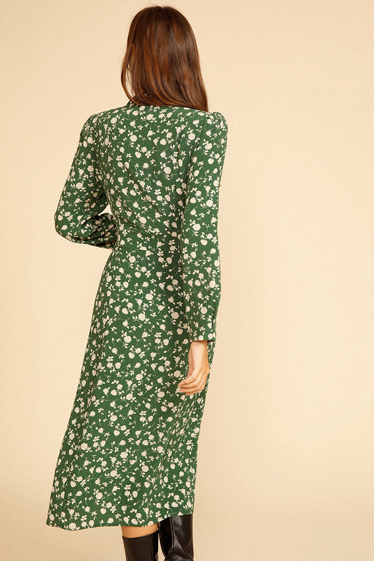 Green Collared Floral Print Long Sleeve Button Up Slit Shirt Midi Dress