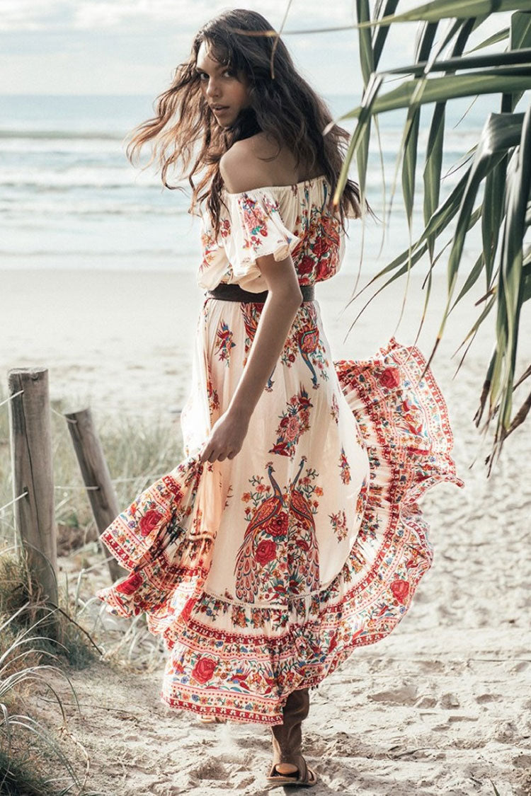 Red Off-Shoulder Floral Print Boho High Low Tiered Ruffle Maxi Dress