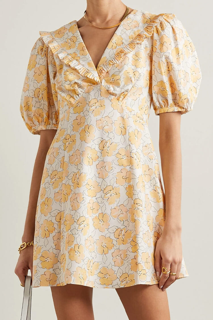 Yellow V-Neck Ruffle Collar Puff Sleeve Floral Fit Flare Mini Dress