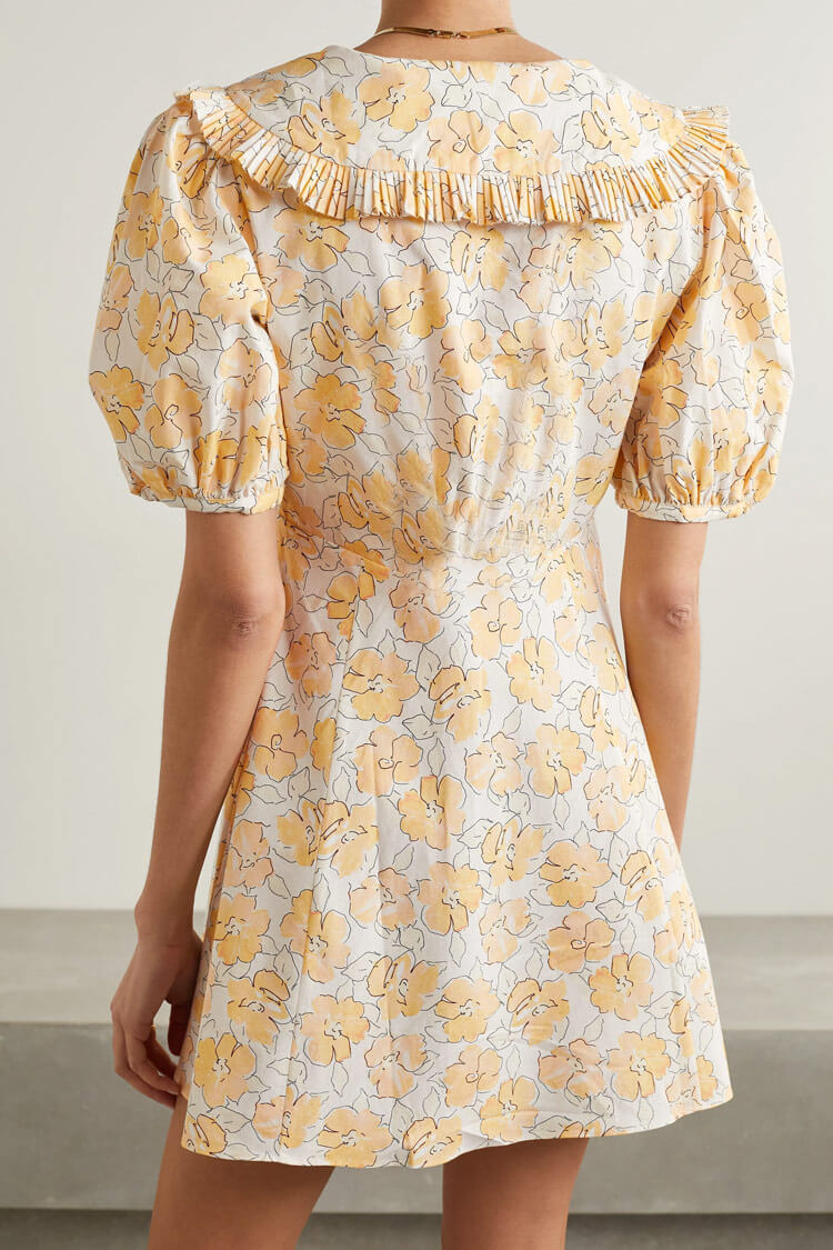 Yellow V-Neck Ruffle Collar Puff Sleeve Floral Fit Flare Mini Dress