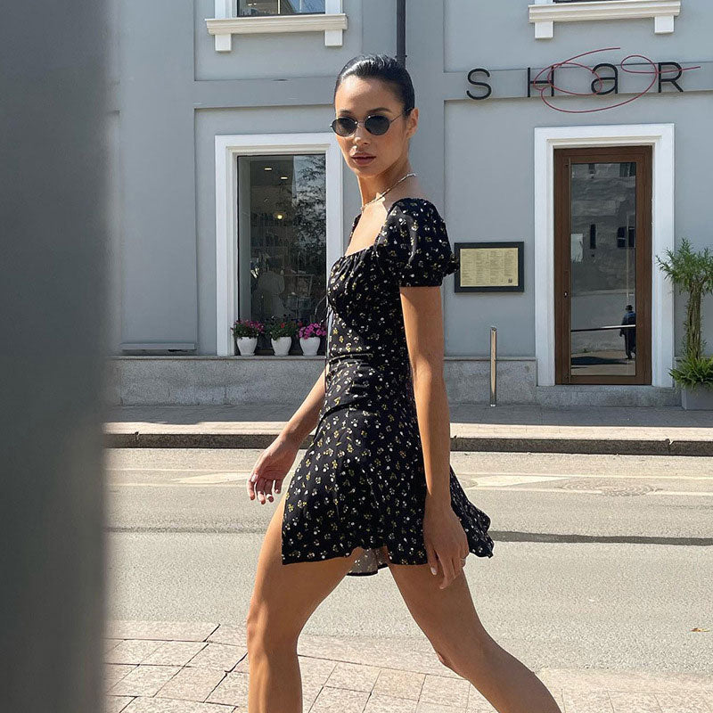 Black Square Neck Puff Sleeve Floral Print Tie Front Split Mini Dress
