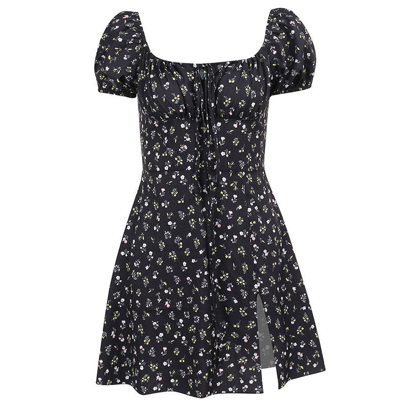 Black Square Neck Puff Sleeve Floral Print Tie Front Split Mini Dress