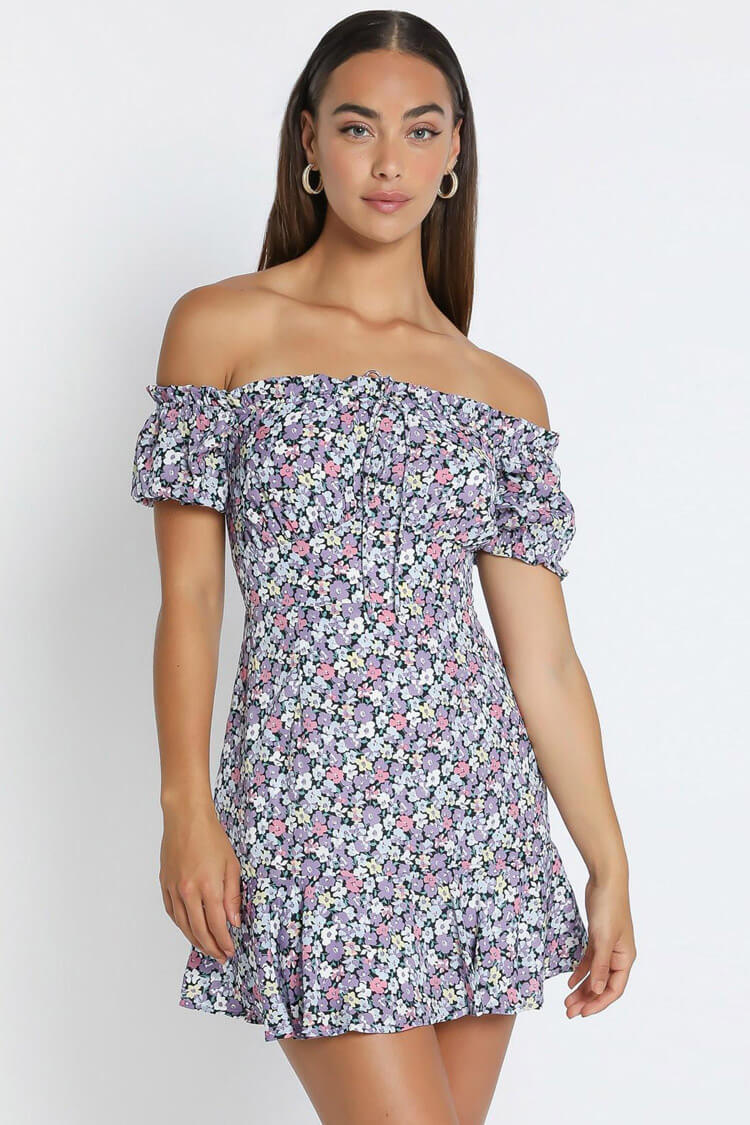Purple Off-Shoulder Puff Sleeve Ditsy Floral Ruffle Hem Mini Dress 3