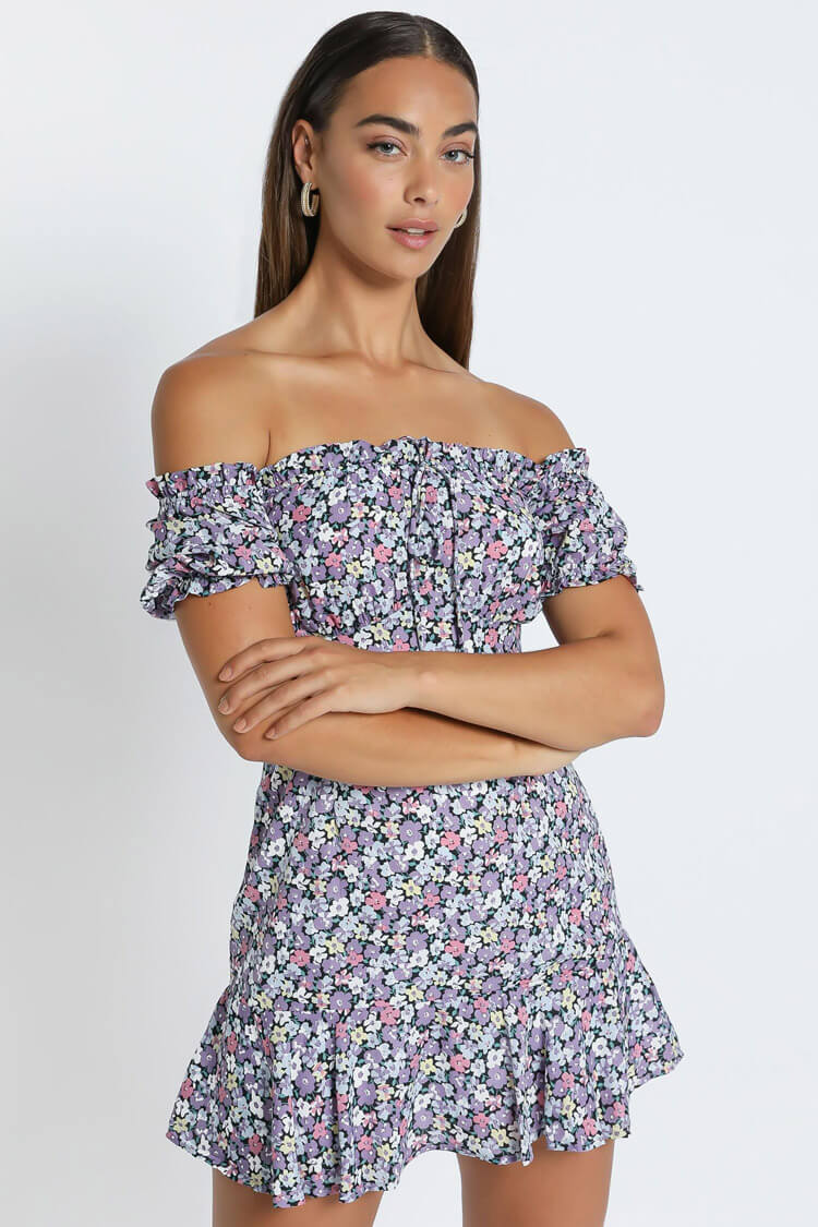 Purple Off-Shoulder Puff Sleeve Ditsy Floral Ruffle Hem Mini Dress 2