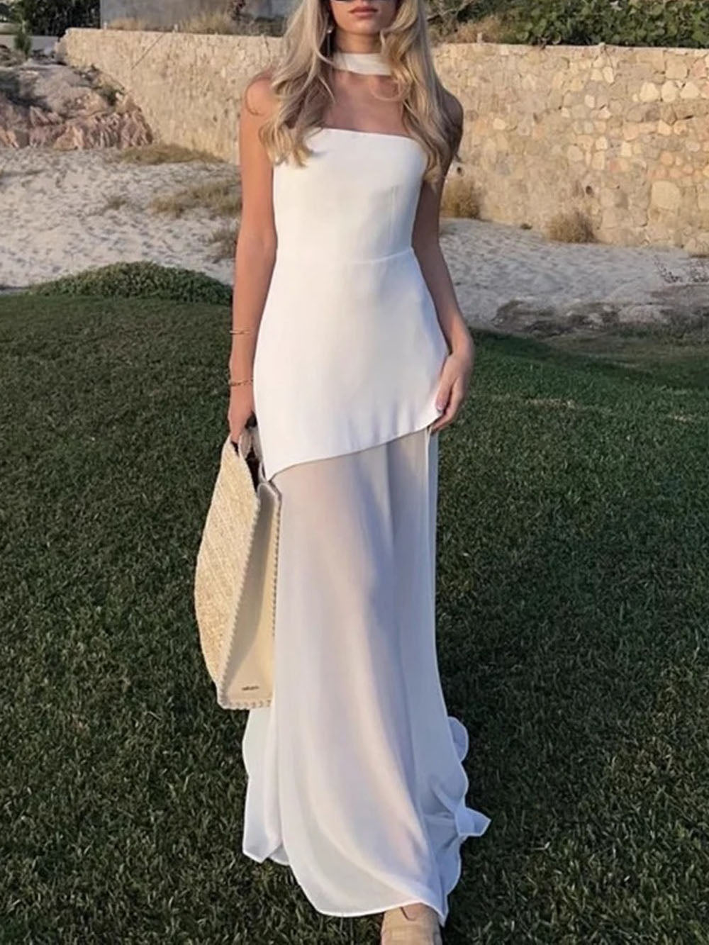 Strapless Diagonal Drape Overlay High Split Flowy Maxi Dress 6