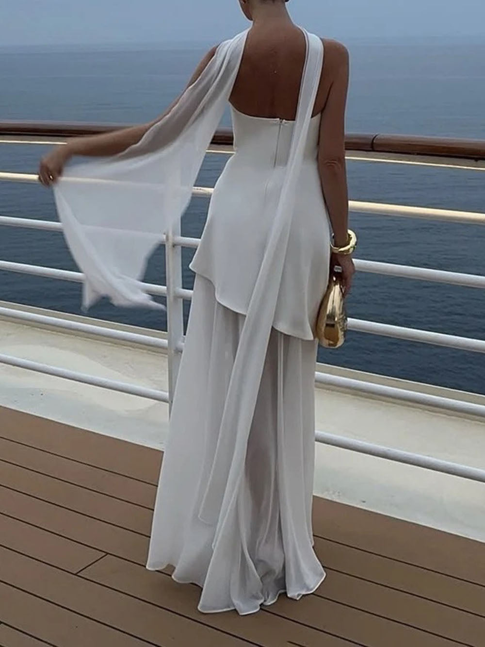 Strapless Diagonal Drape Overlay High Split Flowy Maxi Dress 5