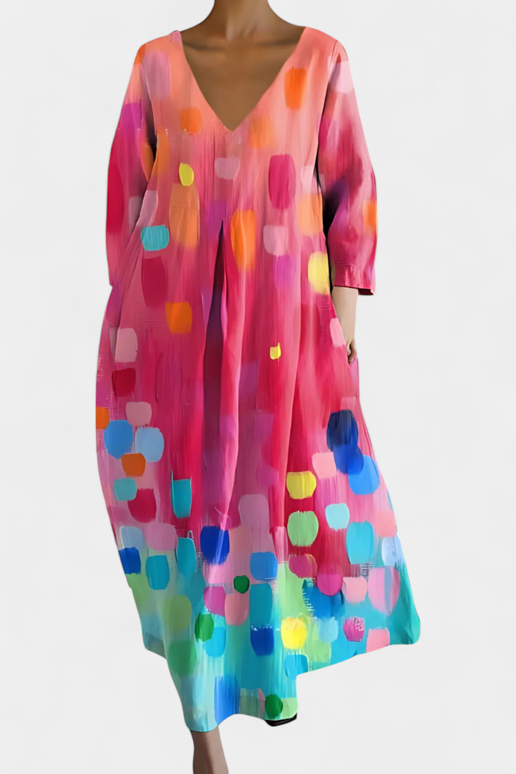 V-Neck Abstract Watercolor Print Pleated Pocket Cocoon Midi Dress 4
