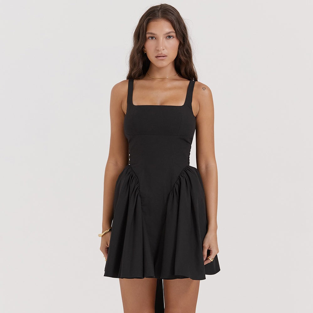 Open Back Oversized Bow Tie Flared Mini Dress
