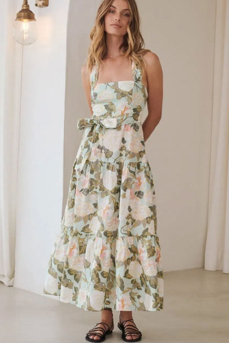 Floral Square Neck Floral Sleeveless Tie Waist Tiered Midi Dress