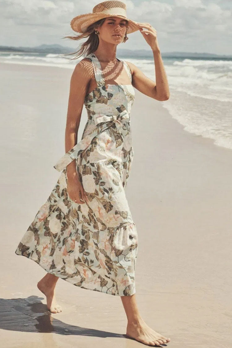 Floral Square Neck Floral Sleeveless Tie Waist Tiered Midi Dress