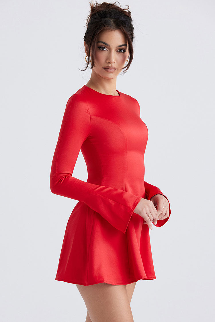 Red Crew Neck Long Sleeve Fit Flare Satin Mini Dress