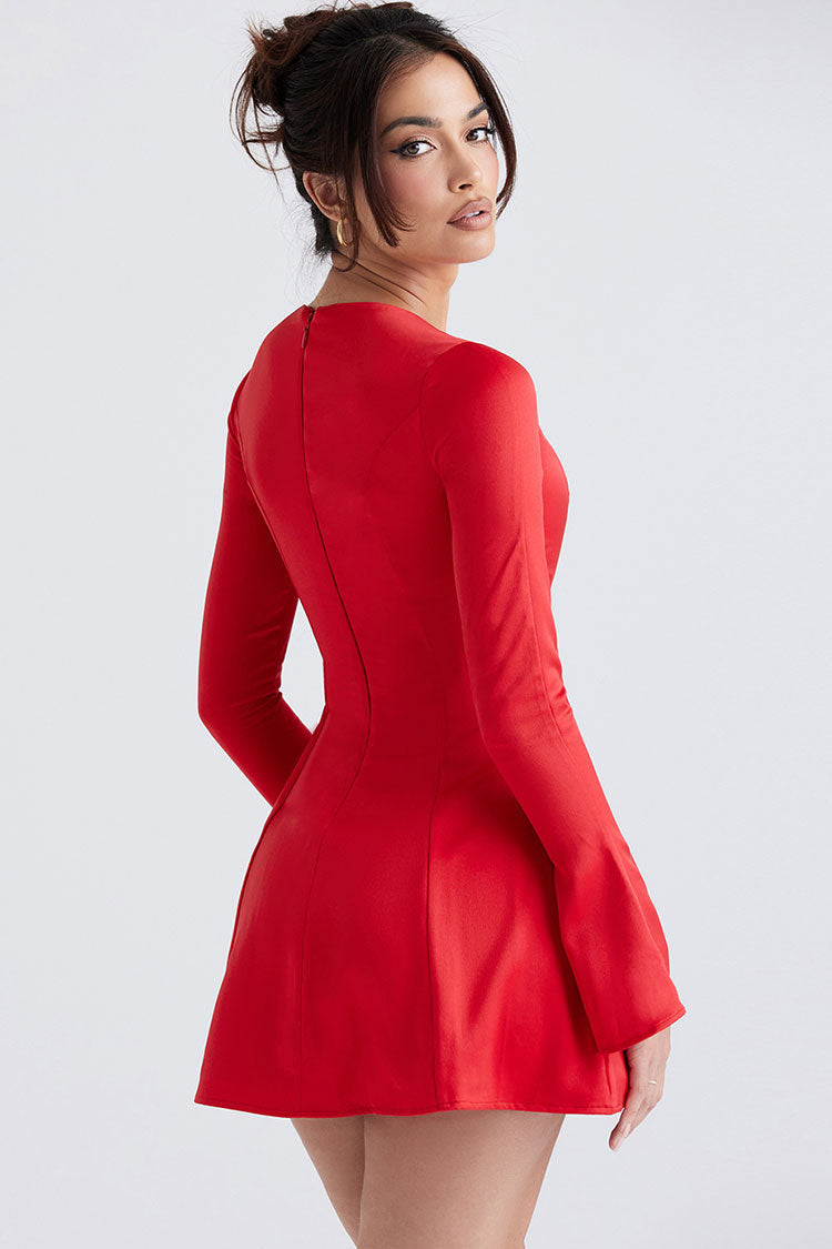 Red Crew Neck Long Sleeve Fit Flare Satin Mini Dress
