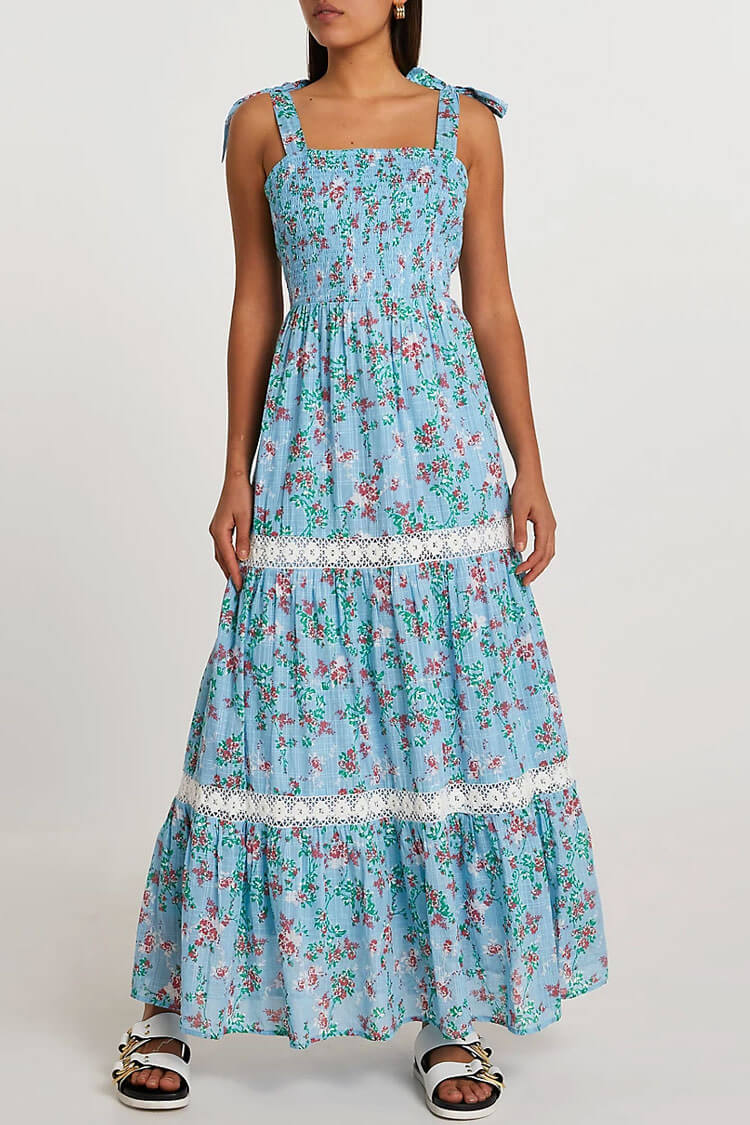 Blue Tie Strap Floral Smocked Lace Trim Tiered Maxi Dress