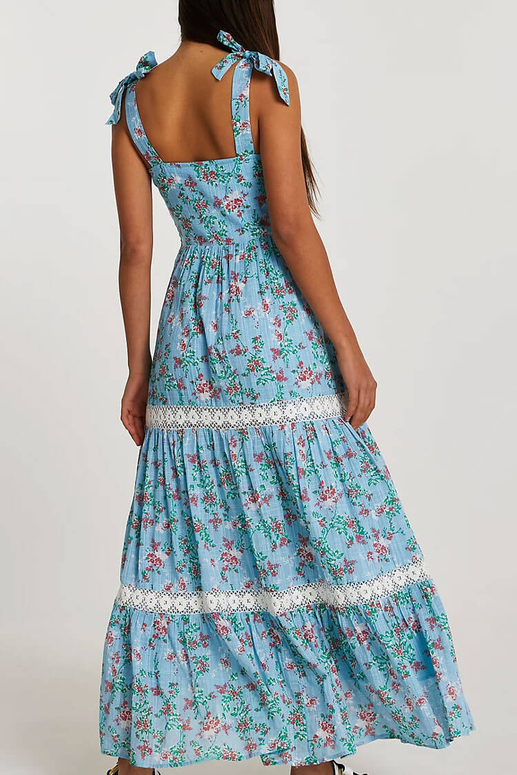 Blue Tie Strap Floral Smocked Lace Trim Tiered Maxi Dress