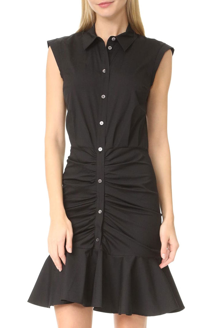 Black Collared Sleeveless Button Up Ruched Ruffle Hem Shirt Mini Dress