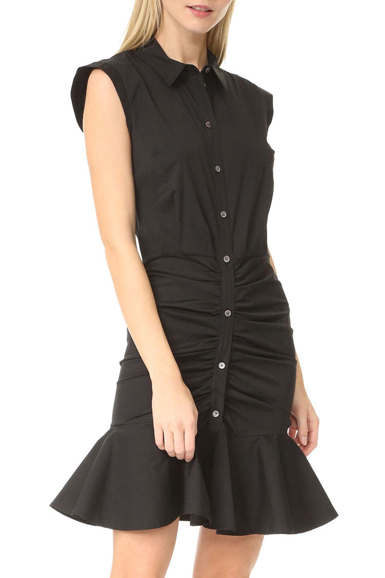 Black Collared Sleeveless Button Up Ruched Ruffle Hem Shirt Mini Dress
