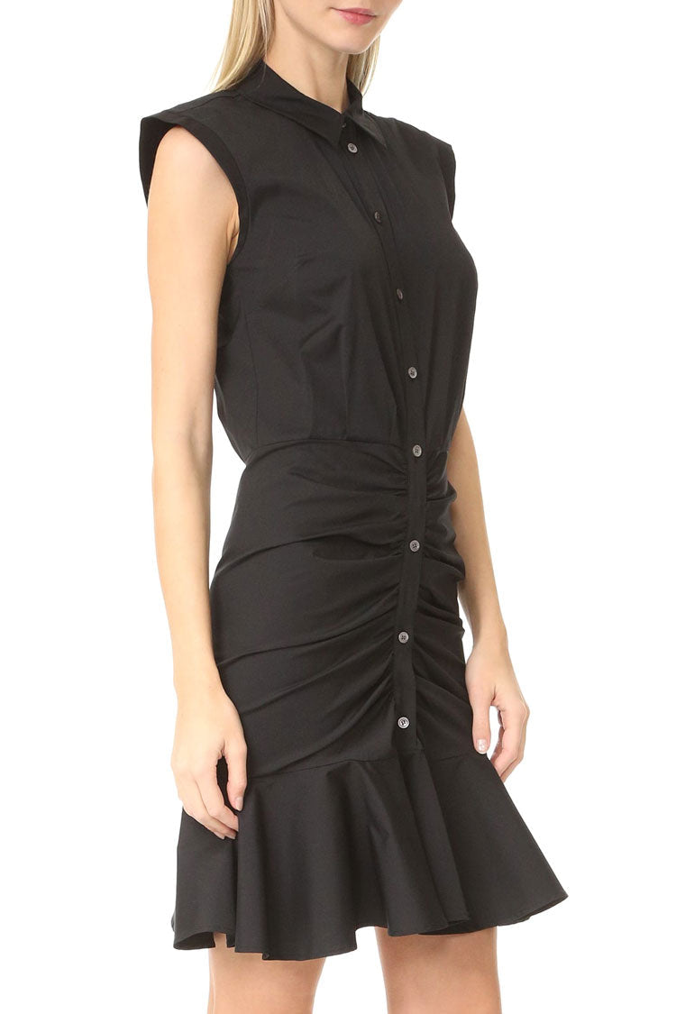 Black Collared Sleeveless Button Up Ruched Ruffle Hem Shirt Mini Dress