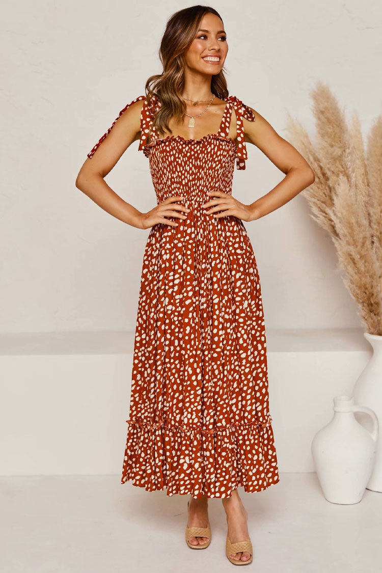 Rust Tie Strap Smocked Spotted Print Tiered Flowy Maxi Dress