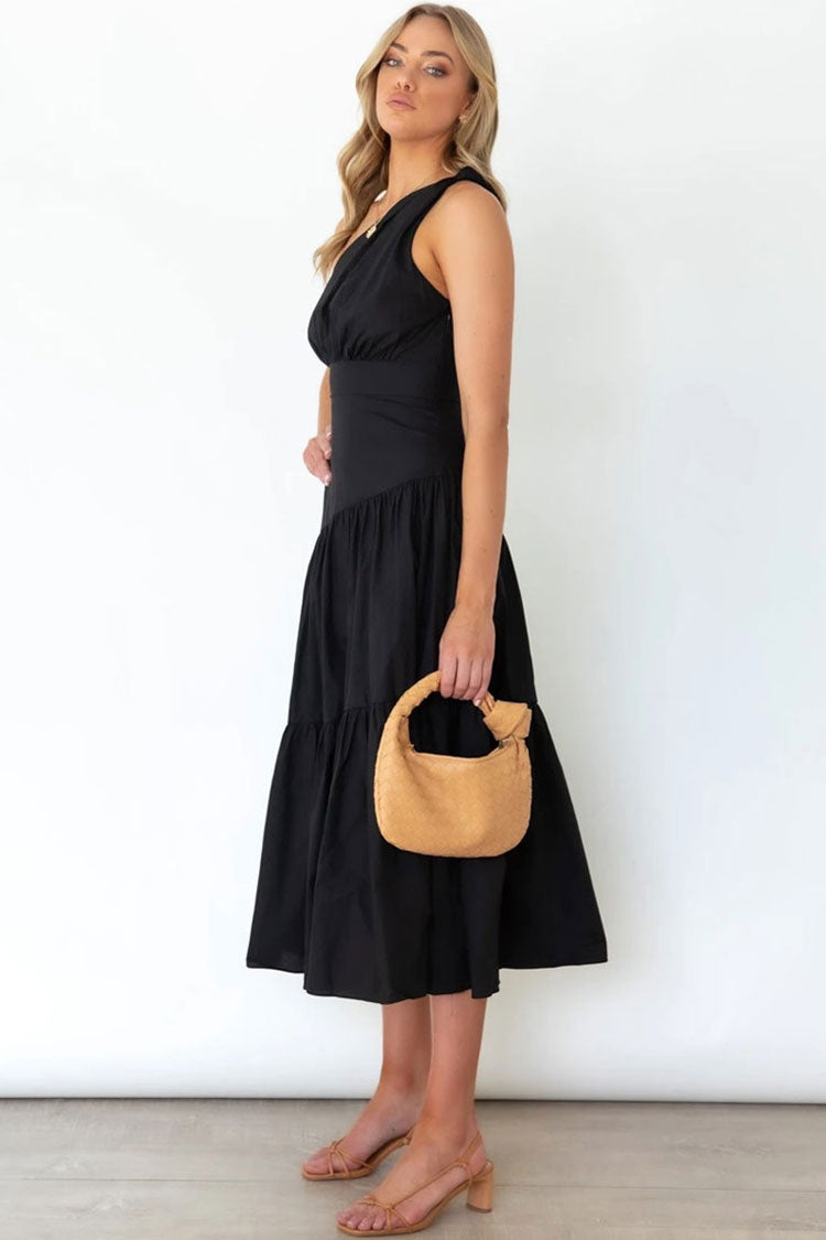 Black One Shoulder Tiered Cotton Fitted Waist Midi Dress