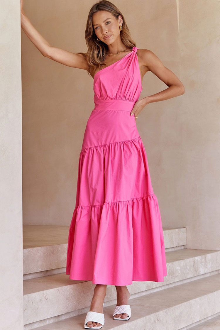 Rose One Shoulder Ruched Waist Tiered Flowy Maxi Dress 2